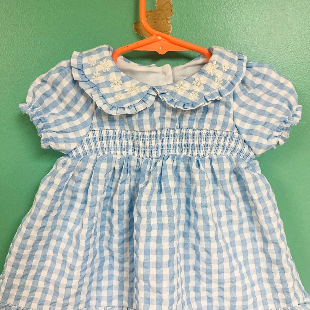 NWOT Tahari Blue & White Gingham Peter Pan Collar Formal Dress Baby 6-9M